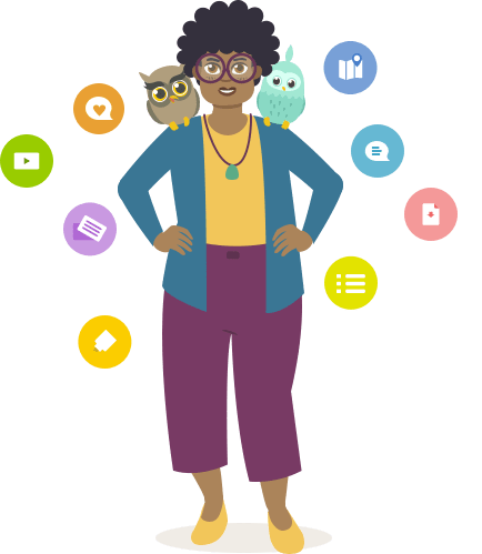 Lehrerin mit Eulen auf den Schultern